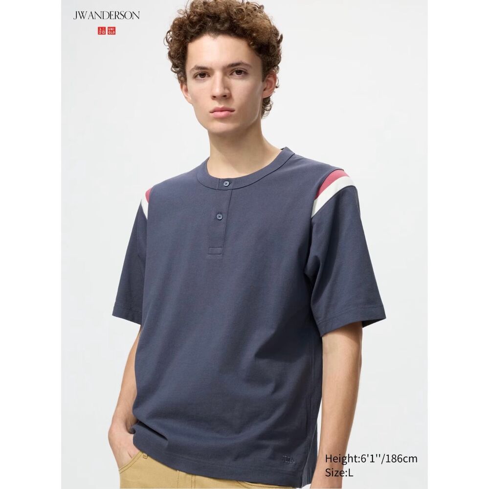 Uniqlo x JW Anderson Men’s Sz L Retro Sport Henley T-Shirt Navy Relaxed Cotton T